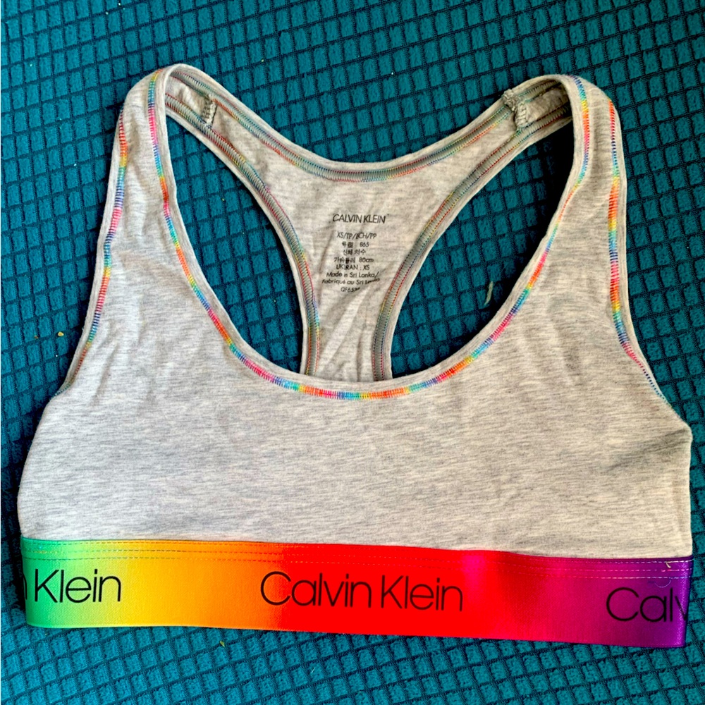 NWT Calvin Klein Cotton Unlined Bralette Sports Bra XS w/Rainbow Band and Logo